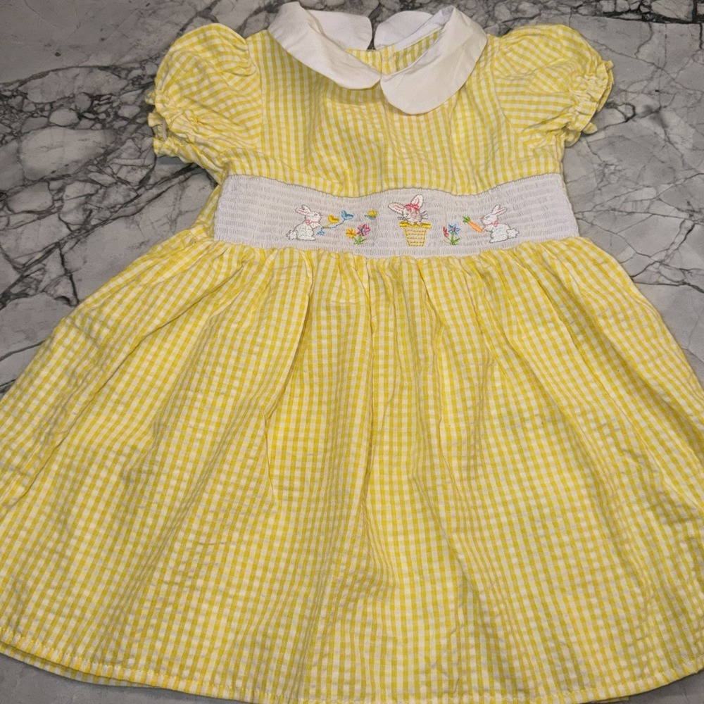 Goodlad Toddler Girl 3T Yellow Gingham Smocked Bunny Dress Easter Spring